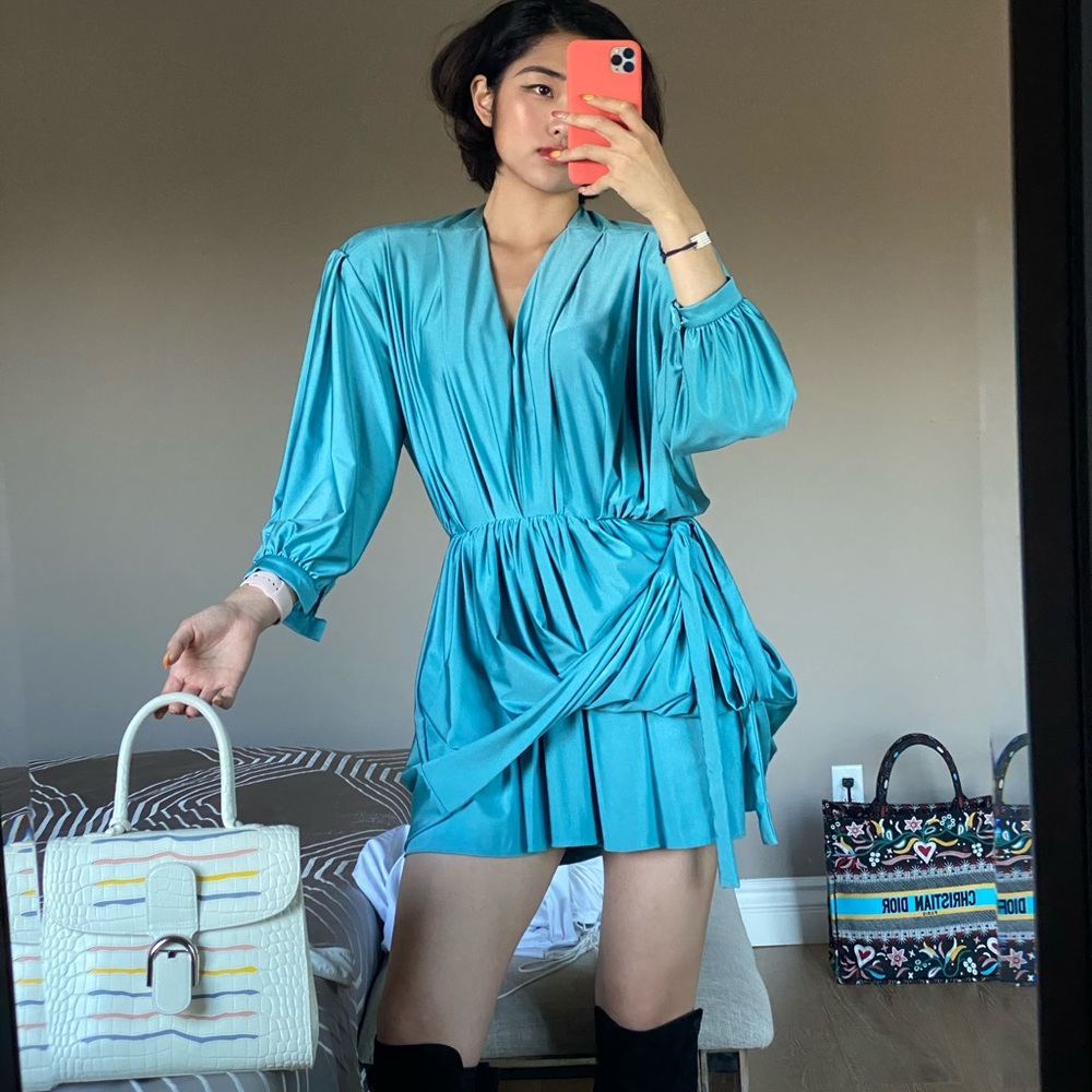 Balenciaga architectural baby blue silk oversized dress with shoulder patches